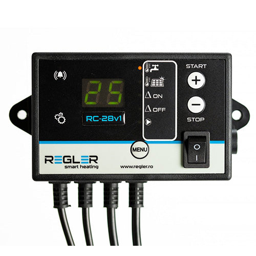 RC-28v1 este un controler dedicat pentru panouri solare presurizate pentru apă caldă, este dotat cu doua senzor de temperatura și poate controla o pompă de recirculare cu care se poate încărca un boiler pe baza de direnețe de temperatură (deltă).