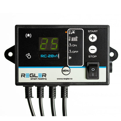 RC-28v1 este un controler dedicat pentru panouri solare presurizate pentru apă caldă, este dotat cu doua senzor de temperatura și poate controla o pompă de recirculare cu care se poate încărca un boiler pe baza de direnețe de temperatură (deltă).