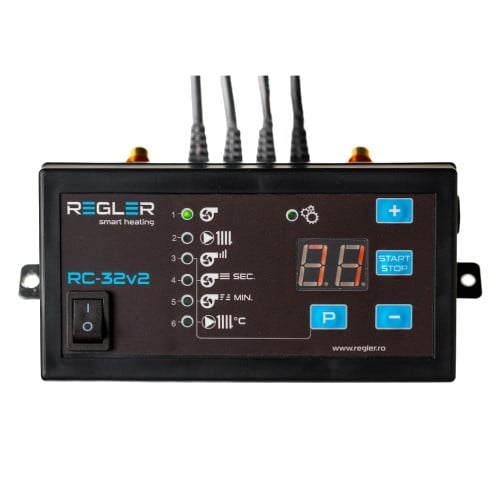 Regler RC-32v1 este o automatizare pentru centrale cu conbustibil solid, controlează pompa de recirculare centrală (IC) și ventilatorul de insuflare, opțional se poate conecta senzor gaze arse si termosta de camera