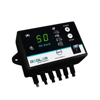 Regler RC-34v2 este un controler pentru centrale cu combustibil solid (lemne, cărbuini, lignit) care comandă pompa de recirculare încalzire (IC), pompa de încărcare puffer și ventilator de insuflare, opțional se poate conecta le ea termostat de cameră