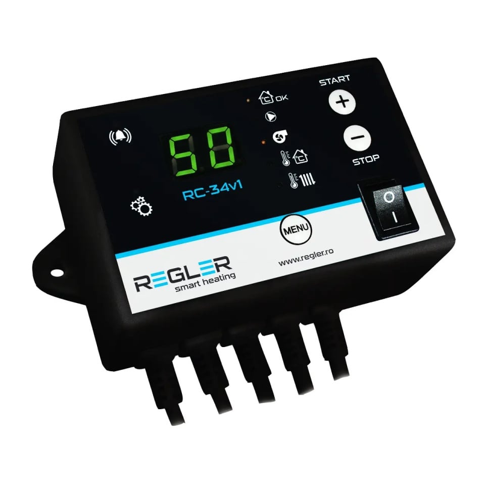 Regler RC-34v1 este un controler pentru centrale cu combustibil solid (lemne, cărbuini, lignit) care comandă pompa de recirculare încalzire (IC) și ventilator de insuflare, opțional se poate conecta le ea termostat de cameră