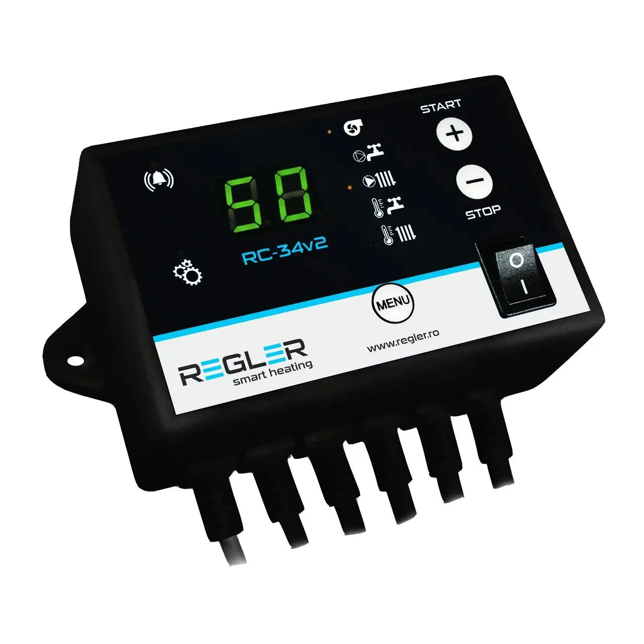 Regler RC-34v2 este un controler pentru centrale cu combustibil solid (lemne, cărbuini, lignit) care comandă pompa de recirculare încalzire (IC), pompa de apă caldă menajeră (ACM/boiler) și ventilator de insuflare, opțional se poate conecta le ea termostat de cameră