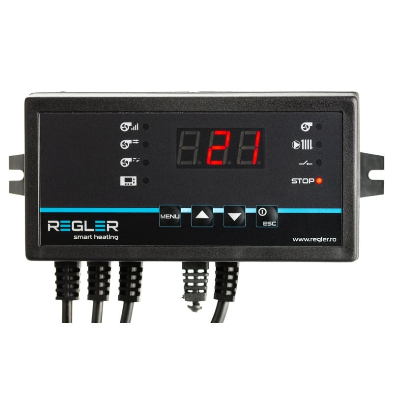 Regler RC-36v1 este un controler dedicat pentru centralelor pe conbustibil solid cum ar fi lemne, cărbuni, brichete etc. comandă pompa de incalzire (IC) și ventilatorul suflantă opțional se poate conecta și un termostat de cameră