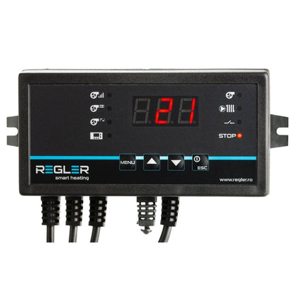 Regler RC-36v1 este un controler dedicat pentru centralelor pe conbustibil solid cum ar fi lemne, cărbuni, brichete etc. comandă pompa de incalzire (IC) și ventilatorul suflantă opțional se poate conecta și un termostat de cameră