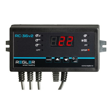 Regler RC-36v2 controler dedicat centralelor pe lemne, controlează pompa de recirculare IC și ventilatorul de insuflare, opțional senzor gaze arse.