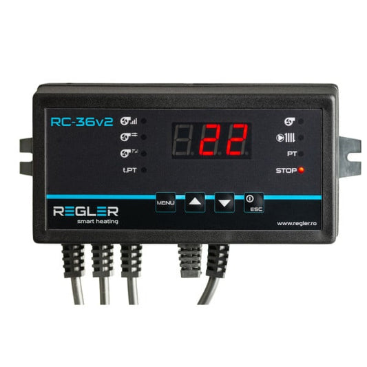Regler RC-36v2 controler dedicat centralelor pe lemne, controlează pompa de recirculare IC și ventilatorul de insuflare, opțional senzor gaze arse.
