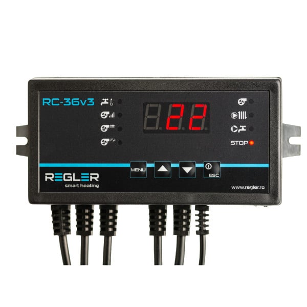 Regler RC-36v3 este un controler proiectat pentru a controla arderea în centrale clasice pe combustibil solid,  controlează pompa ic, pompa de la boiler acm și ventilatorul de insuflare