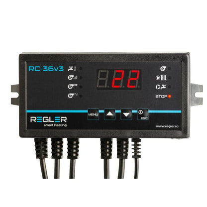 Regler RC-36v3 este un controler proiectat pentru a controla arderea în centrale clasice pe combustibil solid,  controlează pompa ic, pompa de la boiler acm și ventilatorul de insuflare